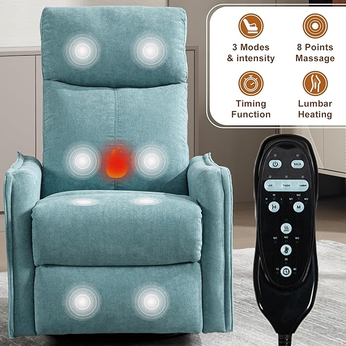 cinkehome Swivel Rocker Recliner Glider Rocker Recliner Chair for Nursery Manual Reclining Chair with Heated Massage Small Spaces Living Room Linen Light Blue