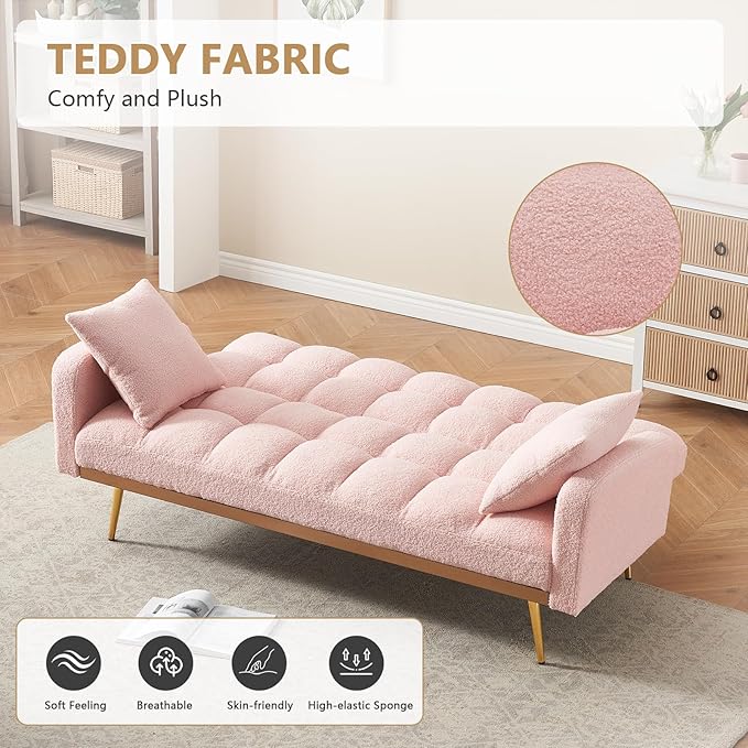Teddy Futon Sofa Bed69 Modern Small Love Seat Couch for Small SpacesConvertible Tufted Sleeper Sofa Loveseat Couch Bed with Gold Metal Legs for Living RoomBedroomApartment (Teddy Pink)