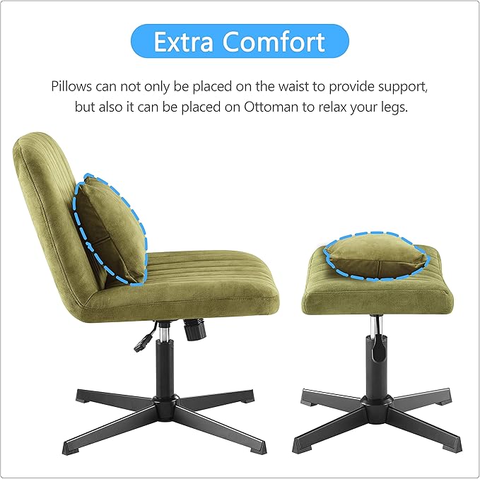 Art Leon Criss Cross Chair - with Ottoman and Pillow Armless Office Desk Chair No Wheels Modern Swivel Height Adjustable Mid Back Wide Seat Computer Task Vanity Chair for Home Office Green