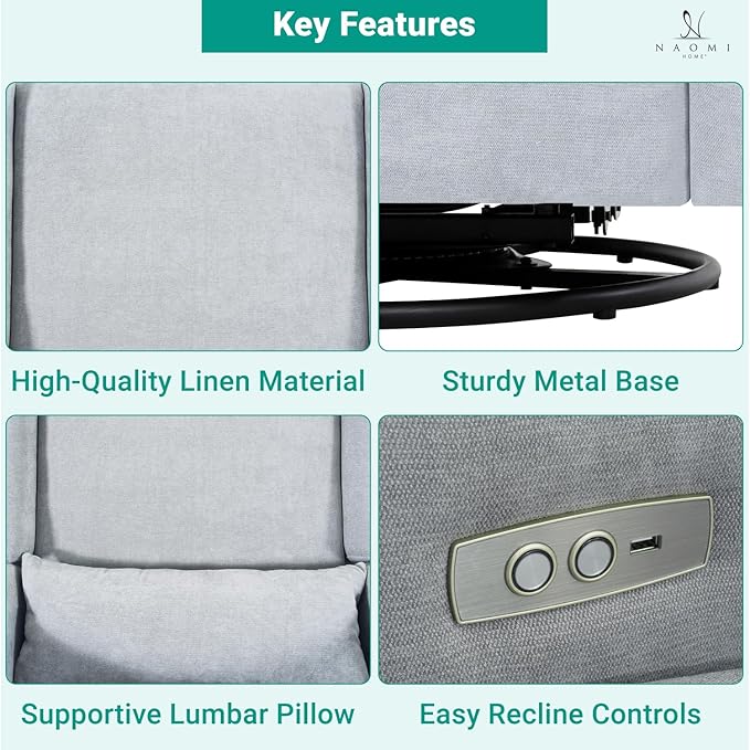 Naomi Home Tanya Luxury Motion Recliner Chair Light Gray – Plush Upholstered Glider Rocker with USB Charging Swivel and Lumbar Support for Nursery Comfort 275 lbs Capacity