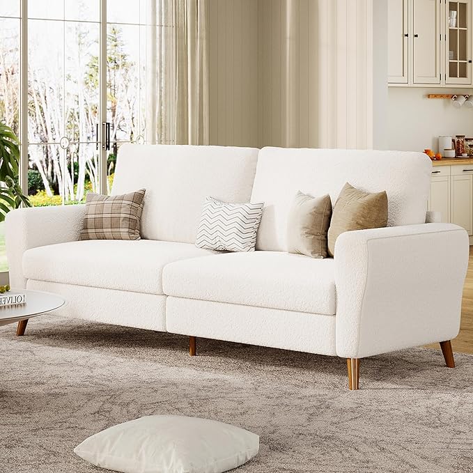 IDEALHOUSE 84 Inch Modern Sofa Couch Large 3-Seater Sofa with Streamlined Armrests Boucle Loveseat Wood Feet Comfy Couch for Living Room Apartment Lounge White