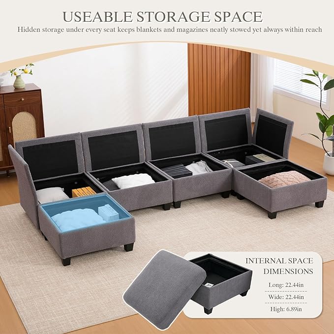 113.39 Modular Sectional Sofa 6 Seaters Sectional Sleeper Sofa U Shaped Couch Comfy Convertible Couches with Ottomans Oversized Modular Sofa with Large Storage for Living Room (Grey)