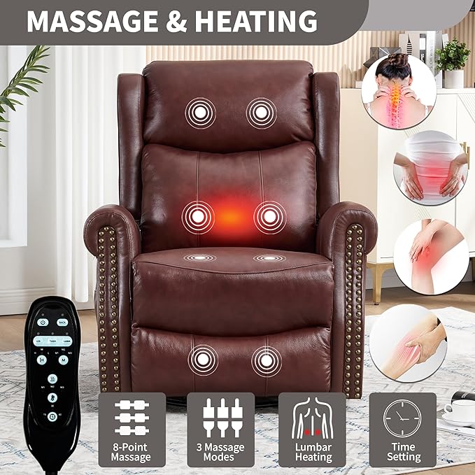 360° Swivel Glider Chair for Nursery Wingback Genuine Leather Rocking Recliner with Lumbar Heat &amp Massage 8-Point Vibration Massage for Living Room Bedroom