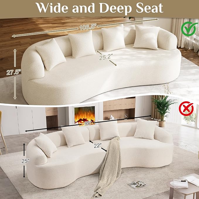 Oversized Sectional Sofa for Living Room Modern Luxury Plush Chenille 4-Seater Extra Deep &amp Wide Seat Curved Cloud Couch with 4 Throw Pillows No Assembly Needed Cream White