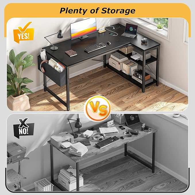 EnHomee 48 L Shaped Desk Office Desk with Power OutletsComputer Desk with Reversible Storage Shelves &amp Side BagSmall Gaming Desk for Gaming Working Small Space Home Office BedroomBlack