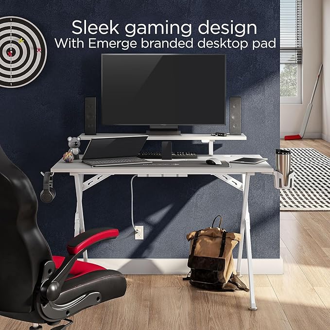 Emerge Vizon 47” Gaming Desk White Modern PC Computer Desk for Gaming Setup &amp Home Office Workstation