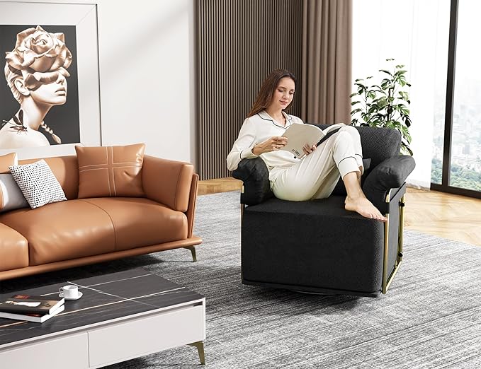 J.M.Deco Swivel Accent Sofa Chair Velvet Upholstered Reading Chair &amp Comfortable Armchair for Living Room Bedroom Reading Room Office (Square Seat * Black)
