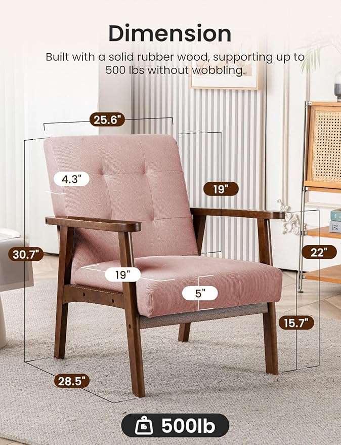 Mid Century Modern Accent Chairs for Living Room Comfy Bedroom Chairs for AdultsSmall Wide Reading Nook Arm Chair 105° Ergonomic Cozy Pink Corduroy Armchair with Rubber Wood