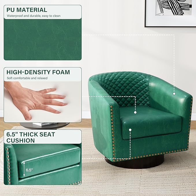 Pia Ricco Faux Leather Swivel Barrel Accent Chairs 360° Swivel Round Single Sofa Chair Comfy Upholstered Club Armchair with Nailhead Trim for Living Room/Reading Room/Bedroom Green