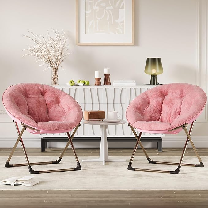 GAOMON Saucer Chair Comfy Chair Faux Fur Lounge Moon Chair with Folding Metal Frame Oversized Plush Flower Accent Seat for Adults Teens &amp Kids for Teens Bedroom Dorm or Living Room Rose Pin