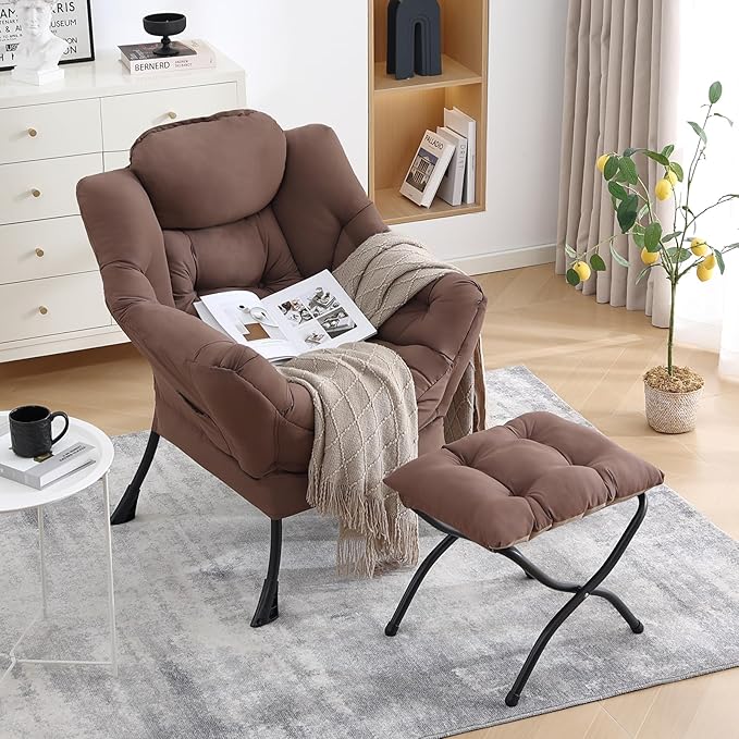 LITA Lazy Chair with Ottoman Modern Accent Leisure Upholstered Sofa Chair Contemporary Lounge Reading Chairs with Armrests and a Side Pocket for Living Room Bedroom &amp Small Space Dark Brown