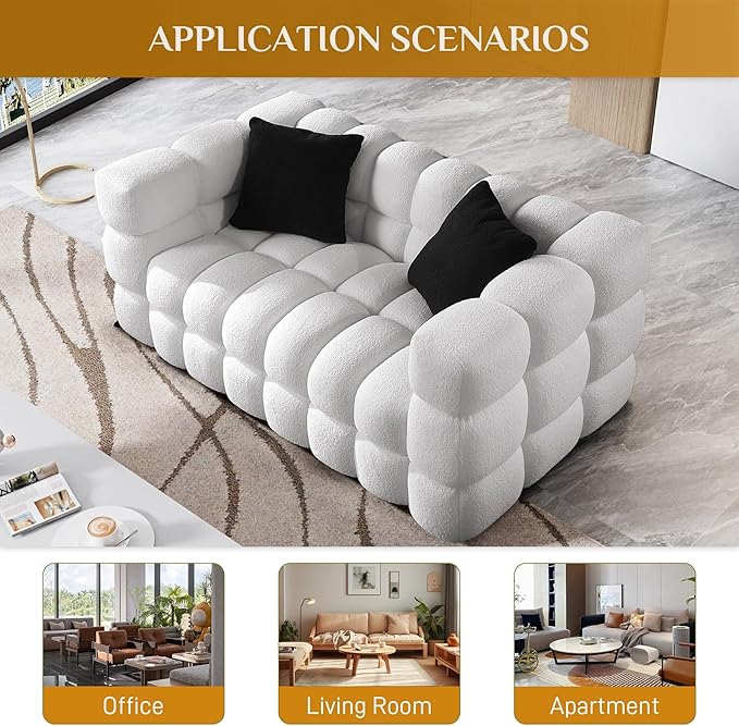 Boucle Sofa Couch 62.2 Comfy Upholstered Sherpa Loveseat Cozy Tufted 2-Seater Cloud Deep Seat Couch Small Modern Love Seat with 2 Pillows for Living Room Apartment Bedroom White