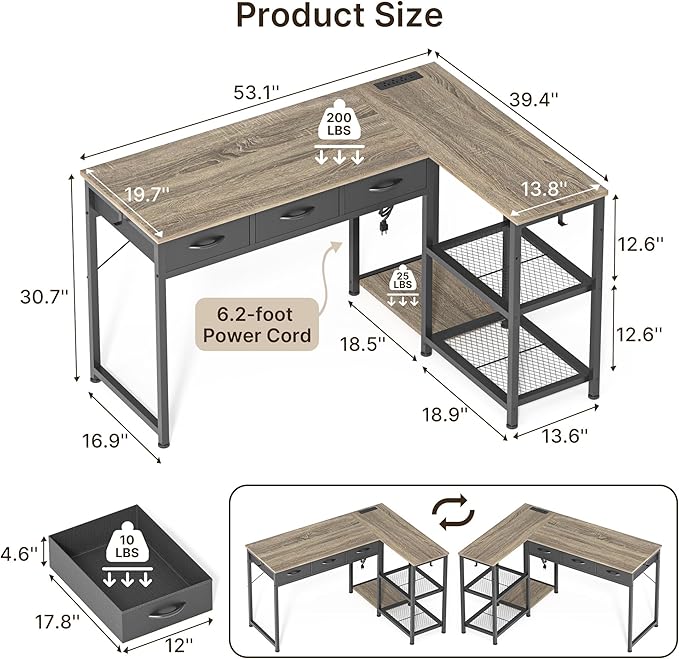 Gizoon 53 Inch L Shaped Computer Desk with Drawers Corner Desk with Power Outlets &amp Reversible Storage Shelves with CPU Stand and 2 Hooks for Home Office Gaming (Grey)