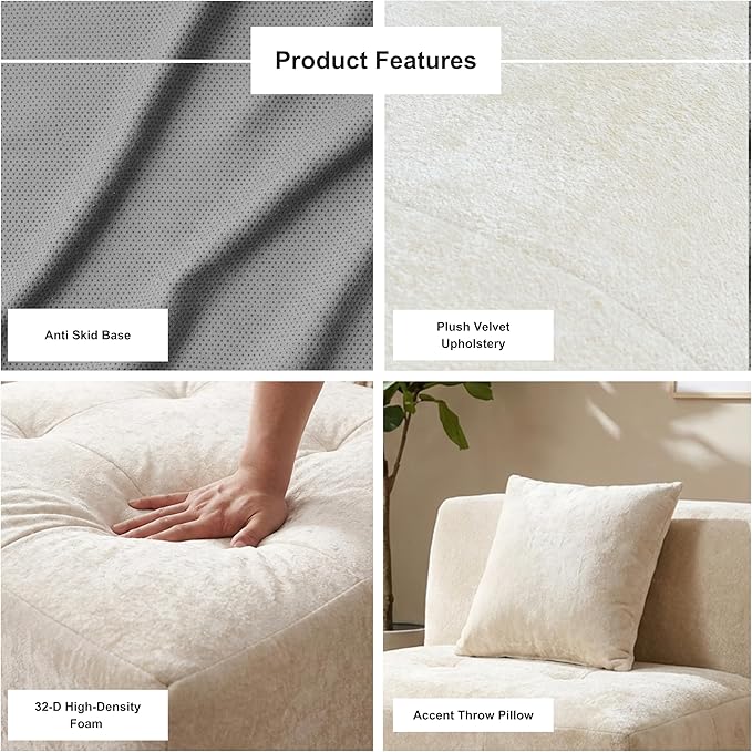 · REDEARTH · Armless Chair Velvet Sectional Sofa No-Assembly Compressed Couch in a Box Firm Support Boneless Modular System in Plush Velvet for Living Room (1-Seater) Cream