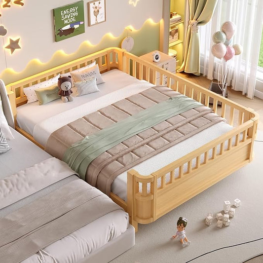 Bellemave Full Size Montessori Bed with Fence and Slats Full Size Low Platform Bed Frame with Detachable Side Bed Rails and Rounded Corner Design Easy Assemble Montessori Bed Natural