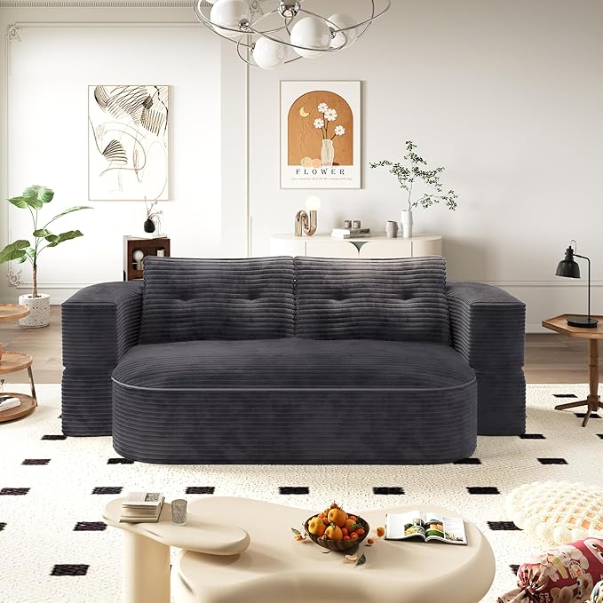 78.7 Folding Futon Corduroy Sleeper Sofa Bed Convertible Floor Boneless Sofa Full Size Compression Loveseat with 2 Pillows No Assembly 2-in-1 Foldable Couch for Living Room (Dark Gray)