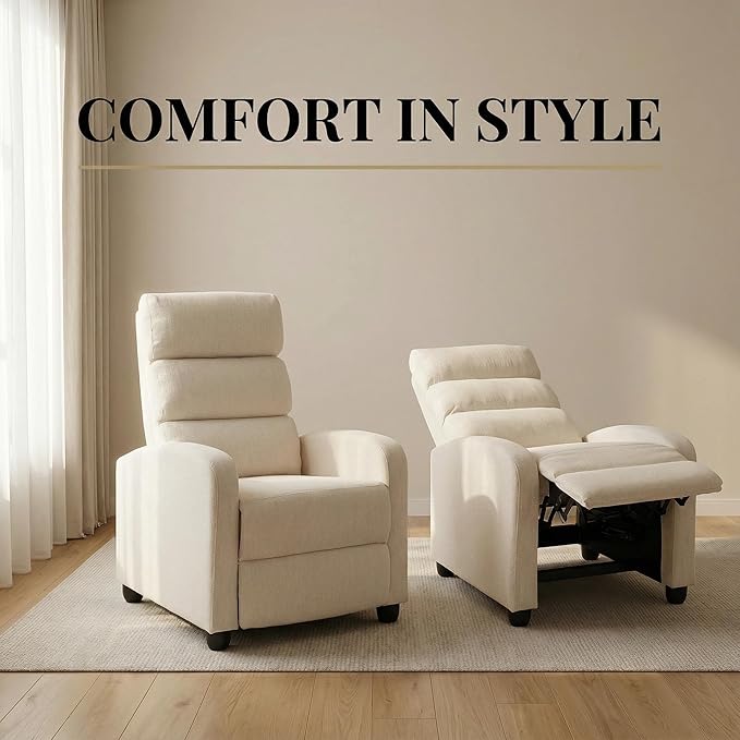 Furnimart 2-Piece Manual Recliner Chair for Small Spaces Chenille Reclining Chair with Chunky Cushion Comfortable Single Sofa for Adults Ideal for Living Room Bedroom Home Theater Beige