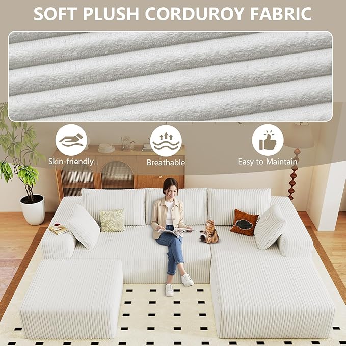 96 Cloud Sectional Couch with U-Shaped Chaise Corduroy Sectional Sofa with Ottoman Boneless Couch with Deep Seat in a Box for Living Room No Assembly Required (White Right Facing Chaise)