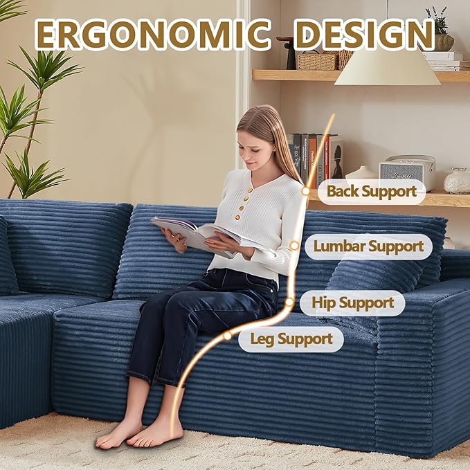 Minimalist Boneless Cloud Couches for Living Room Corduroy L Shaped Modular Sectional Sofa Couch W/Deep Seat &amp High-Back Comfy Memory Foam Couch Sofa in A Box (Blue Left Facing Chaise)