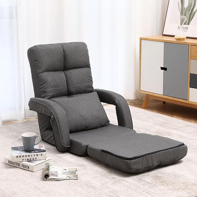 Indoor Floor Chair with Armrest and Pillow Folding Chaise Lounge Sofa 14-Position Adjustable Comfy Gaming Recliner Chair Padded Seats for Adults (Grey)
