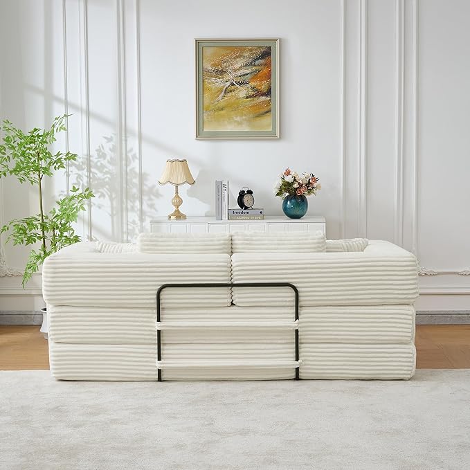 4-in-1 Floor Sofa King Size No Assembly Upholstered Boneless Pull Out Couch Bed with 4 Pillows Oversized Corduroy Foam Compressed Sofa Couch in A Box for Living Room Sleeper (Beige)