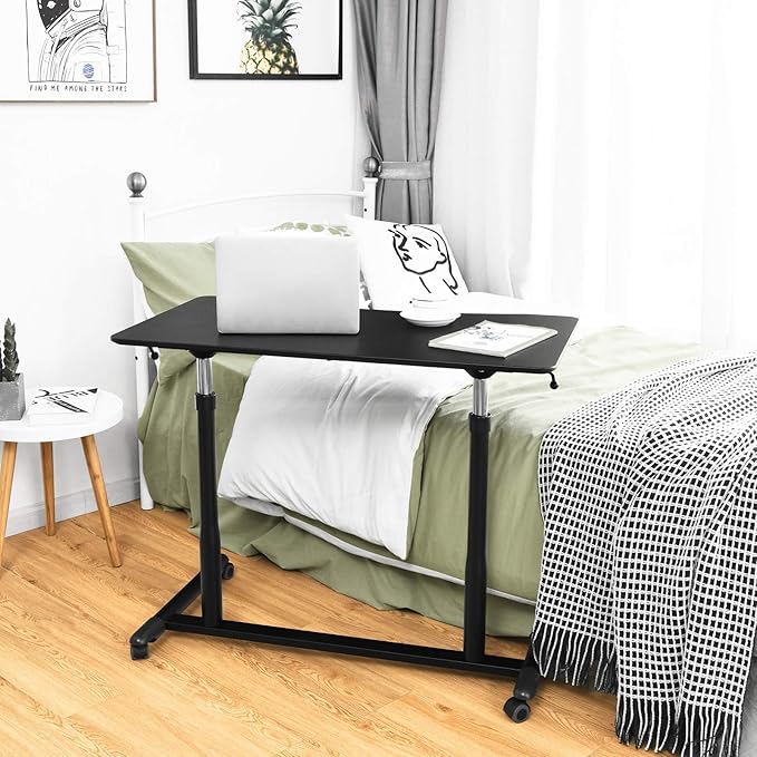 Tangkula Mobile Standing Desk Computer Desk Height Adjustable Stand Up Table with 4 Wheels Rolling Compact Standing Desk with Steel Frame MDF PVC Tabletop Ideal for Home Office (Black)