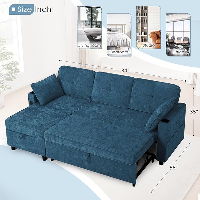84 Inches L Shaped Sofa w/Adjustable Back &amp Pull-Out Sofa Bed Chenille Tufted Sectional Couch w/Storage Chaise &ampUSB Charging Port Modern Sleeper Couch w/Cup Holders for Living Room Blue