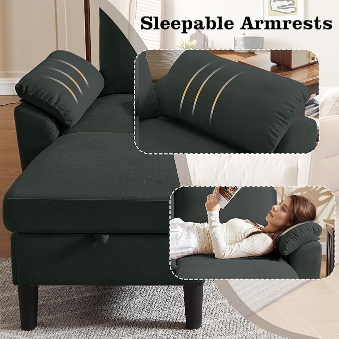 79 Convertible Sectional Sofa Modern Linen Small L Shaped Couch with Reversible Chaise and Storage Ottoman 3-Seat Sofa Couches for Living Room Office Apartment Black