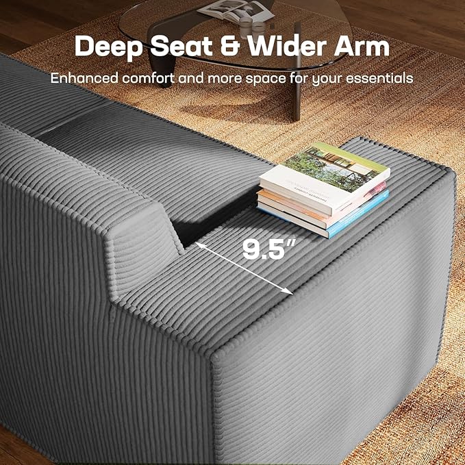 Marsail Modular Sectional Sofa 111 L-Shaped Modular Sectional Couch with Deep Seat Freely Combinable Sectional Cloud Sofa for Living Room No Assembly Plush Corduroy Fabric Grey
