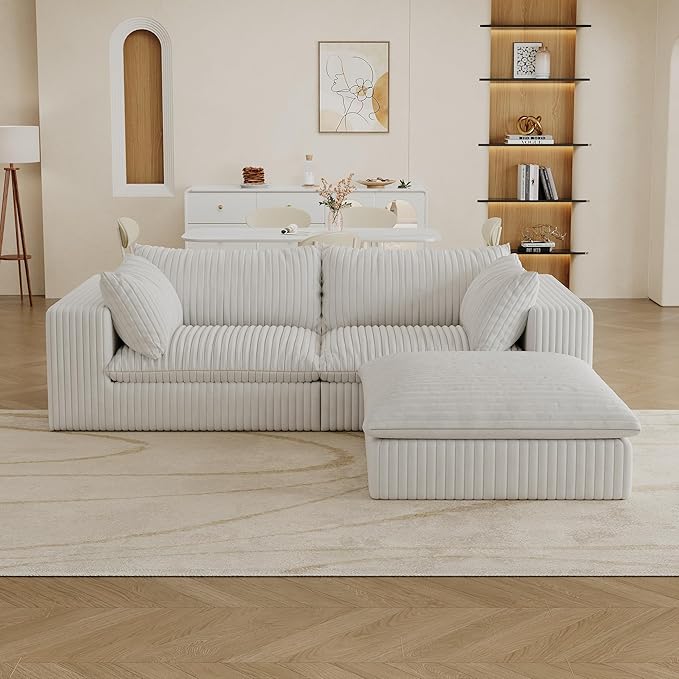 78.8 Modular Cloud Couch L Shaped Boneless Sectional Sofa with 1 Ottoman &amp 2 Deep Seat No Assembly Required Corduroy Soft Sectional Couches for Living Room Bedroom White