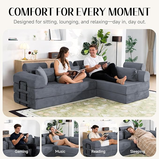 106 L-Shaped Modular Boneless Couch 2-Piece System (2×70.87) Convertible Sectional to 141.7 Straight Sofa Corduroy Couch in a Box Headrest &amp Back Pillows for Living Room Dark Blue