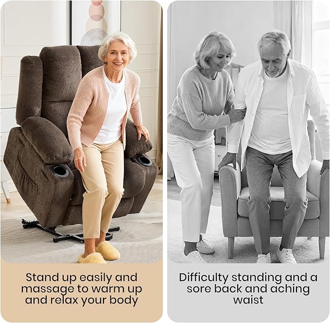 Oversized Power Lift Recliner Chair for Elderly 135° Lay Flat Electric Recliner with Massage &amp Heat Stand Assist Lift Chair with 2 Cup Holders for Living RoomBrown