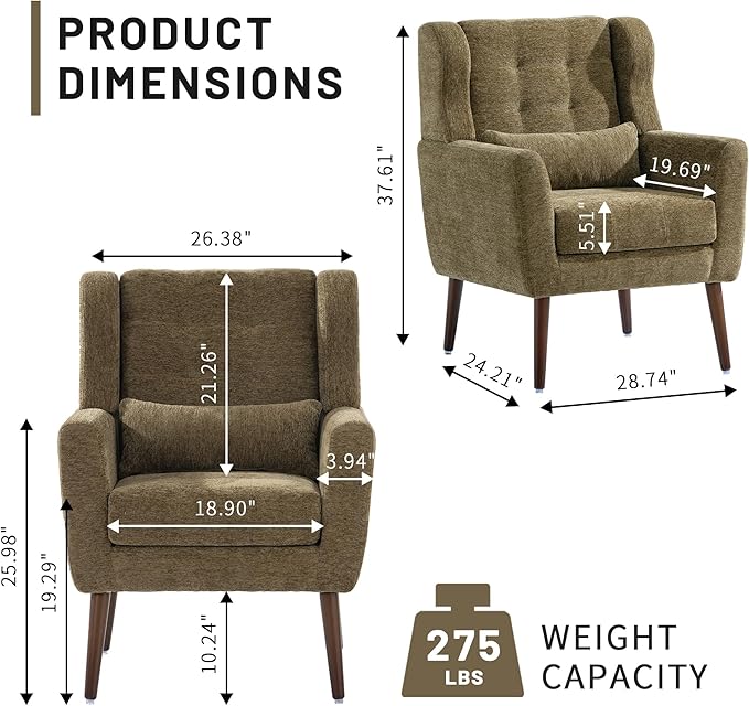 Mid Century Modern Accent Chair Plush Chenille Fabric Sturdy Wood Legs Armchair for Living Room Bedroom Office Olive Green