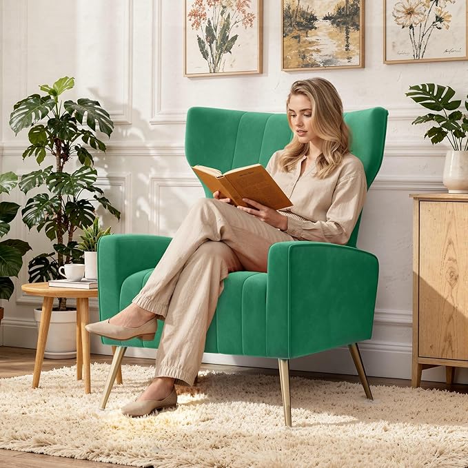 Velvet Accent Chair Wingback for Living Room High Back Arm Chair with Golden Legs Lumbar Pillow Upholstered Single Sofa Bedroom Green