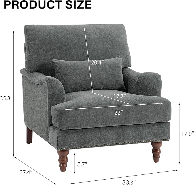 Mid-Century Modern Accent Chair Upholstered Chenille Arm Chair with Wood Frame &amp Pillow for Living Room Bedroom Comfy High-Resilient Sponge Reading Lounge Sofa Chair for Small Spaces
