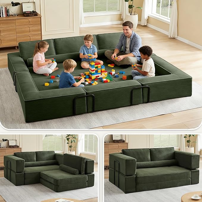 119 Modular Sofa Bed with High Backrest Pillows Corduroy Folding Convertible Floor Sofa Couch Bed with Fixed-Shape Frame Building Block Sofa for Parent-Child Castle Living Room Green