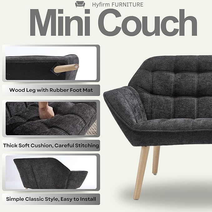 Small Loveseat Sofa 48 inch Chenille Love Seat for Living Room Comfy Mini Couch with Wood Legs for Small Spaces Bedroom Apartment Office Dark Grey