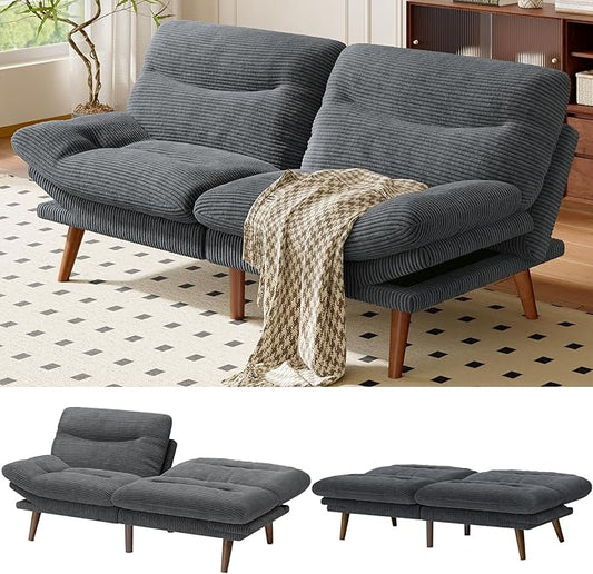 Amada 66 Convertible Futon Sofa Bed Corduroy Folding Futon Set with Adjustable Backrest &ampArmrests Recliner Lounge for Living Room Apartment or Office Solid Wood Frame Loveseat Sofa - Grey |