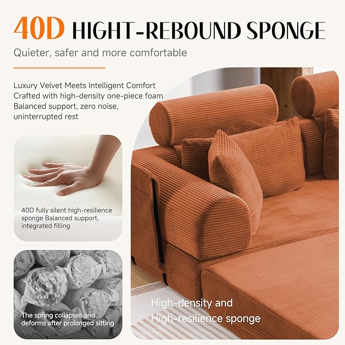 Upgrade Sofa Bed Convertible Mattress Couch for Small Spaces with High Backrest Design Fixed-Shape Frame &amp Removable Armrests and Backrest 2 Corduroy Pillow No Assembly Orange