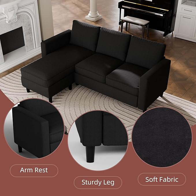 JAMFLY Sectional Sofa Couch Convertible L Shaped Sofas with Ottoman Small Sectional Couches for Living Room 3 Seater Couch for Small Spaces Black
