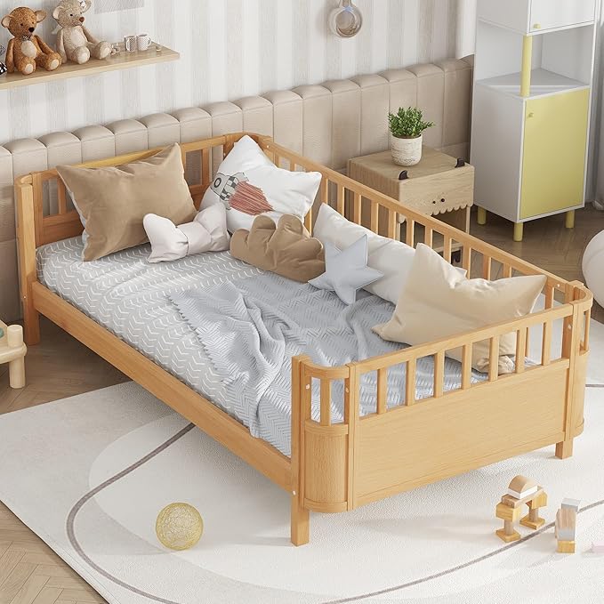 Bellemave Twin Size Montessori Bed with Fence and Slats Natural