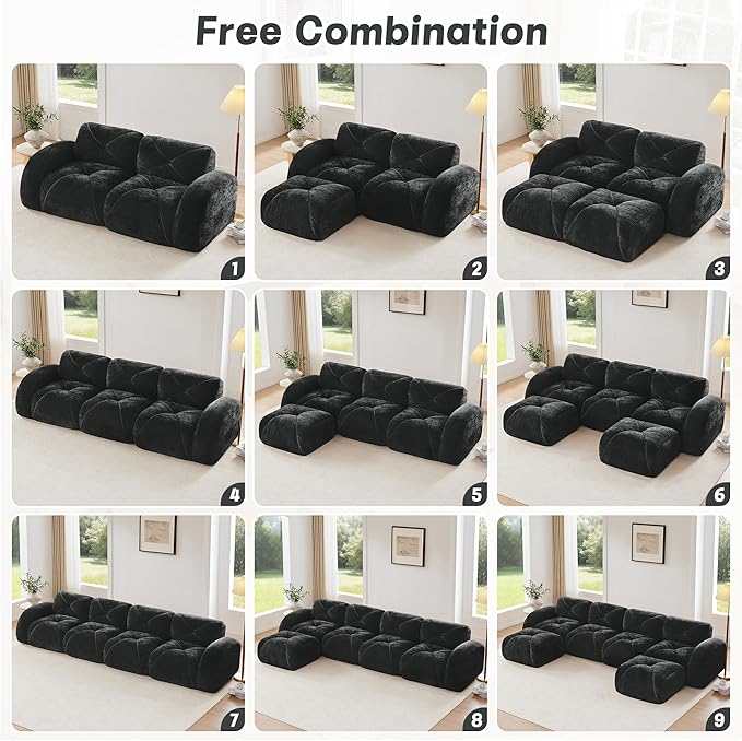 110-Inch Cloud Sectional Couches U-Shaped 5 Seat Boneless Modular Sofa with Ottomans Velvet Tufted Upholstered Boneless Couch Floor Full Foam Sofas for Living Room