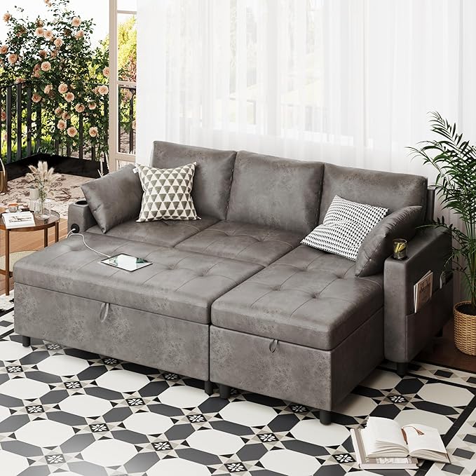 Faux Leather L Shaped Sofa L Shape Couch Pull Out Bed with USB and Cup Holder Storage Cama Queen Bed Sleeper Couch for Living Room Grey