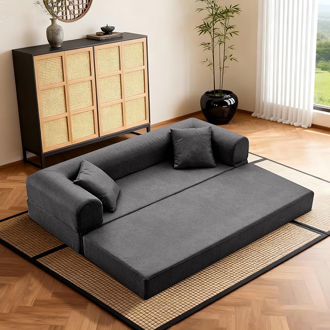 4-in-1 Folding Convertible Sofa Bed 78 Inch Faux Leather Boneless Couch Loveseat Sleeper with Pull Out Bed Floor Sofa Modular Futon Teddy Sofa for Living Room Bedroom Lounge Gray