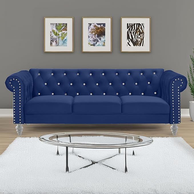 New Classic Furniture Glam Emma Velvet Three Seater Chesterfield Style Sofa for Small Spaces with Crystal Button Tufts Royal Blue