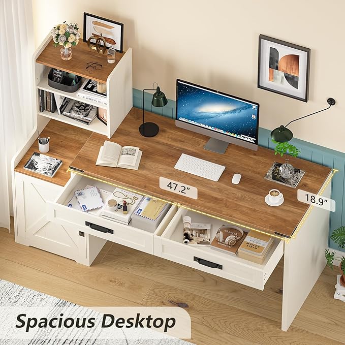 60'' Farmhouse Computer Desk with Drawers Home Office Desk with Bookcase Vanity Desk Writing Study Table with Storage Antique White