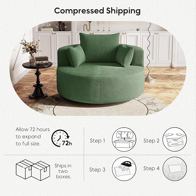 Oversized 360° Swivel Barrel Chair for Living Room Modern Comfy 56.3'' Round Boucle Reading Accent Chair with Extra Wide &amp Deep Seat Overstuffed Cushions Easy Assembly Vanilla Green