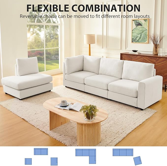 100” L-Shaped Couch with Reversible Chaise Chenille Modular Sectional Sofa 4-Seater Corner Couch for Living Room Apartment Beige