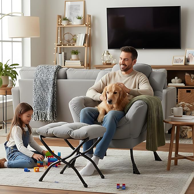 Welnow Lazy Chair with Ottoman Modern Accent Chair with Armrests and a Side Pocket Leisure Sofa Armchair Set Reading Armchair with Footrest for Small Space Light Grey