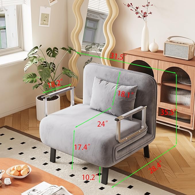KEIKI 31.5 Luxury Velvet Single Triple-Fold Sofa Bed 3 in 1 Convertible Sleeper Lounge Chair w/Adjustable Backrest &amp PillowsMulti-Functional Living Room Armchair for ApartmentsGray